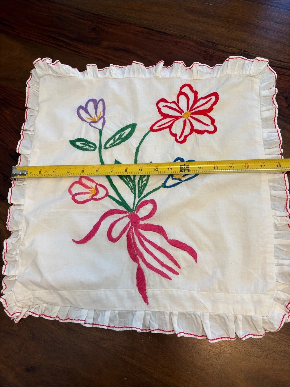 Vintage Embroidered Floral Pillow Sham White with Pink, Red, Green, Blue Accents